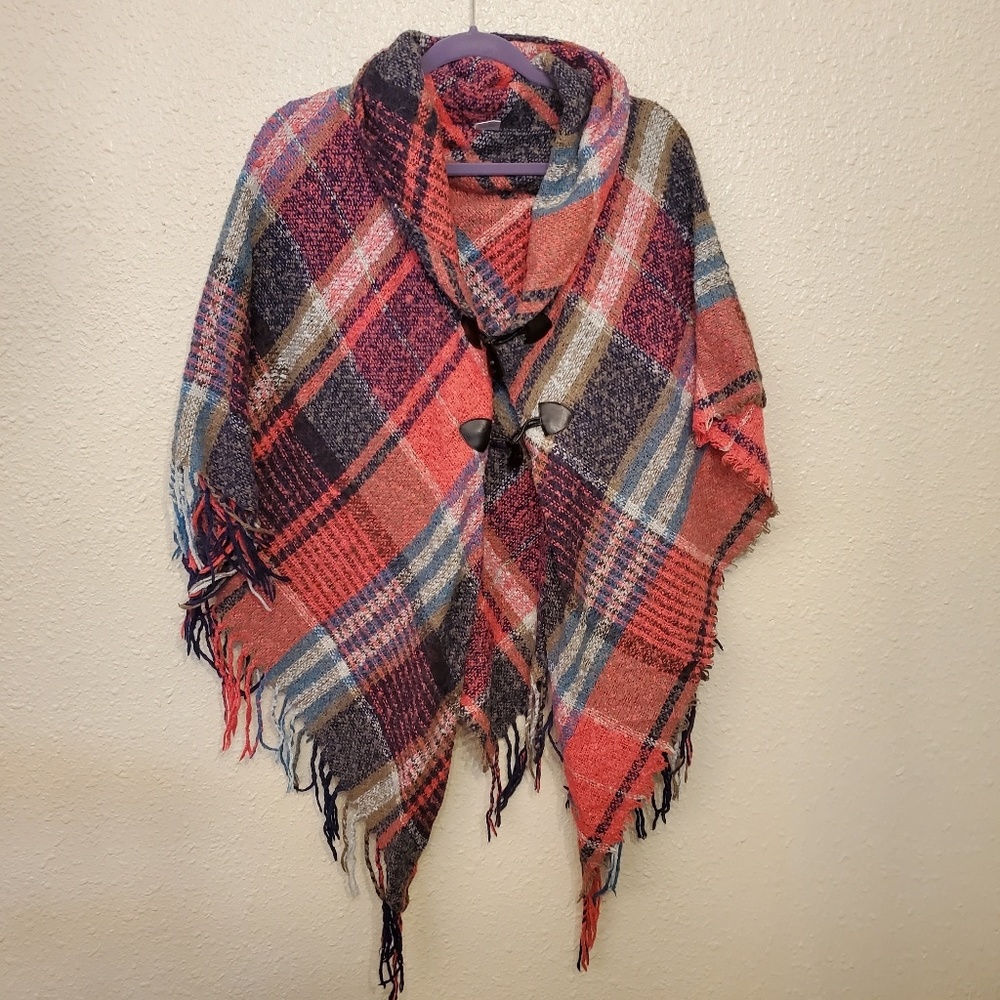 Plaid toggle button  shawl cape